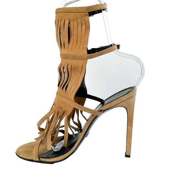 Gucci Becky Suede Fringe Camelia color Gladiator Sandal Heels 40/ US 10 - Picture 8 of 16